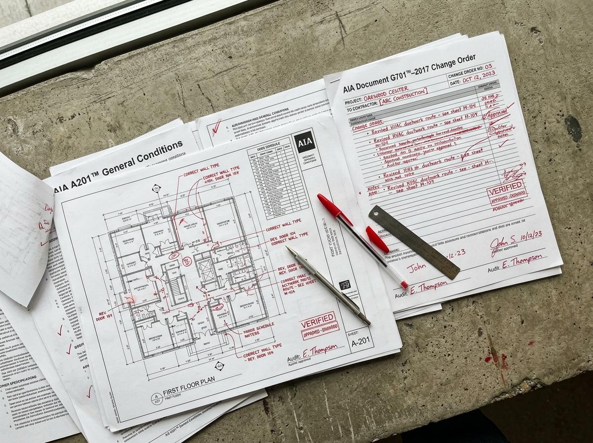AIA Document G701 change order and architectural blueprints under audit review