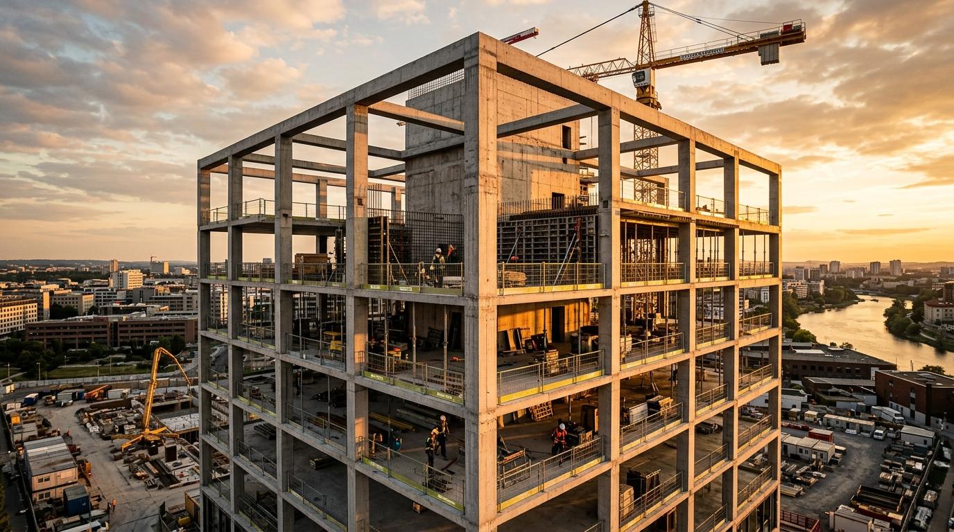 Modern commercial construction structure showing architectural concrete pillars